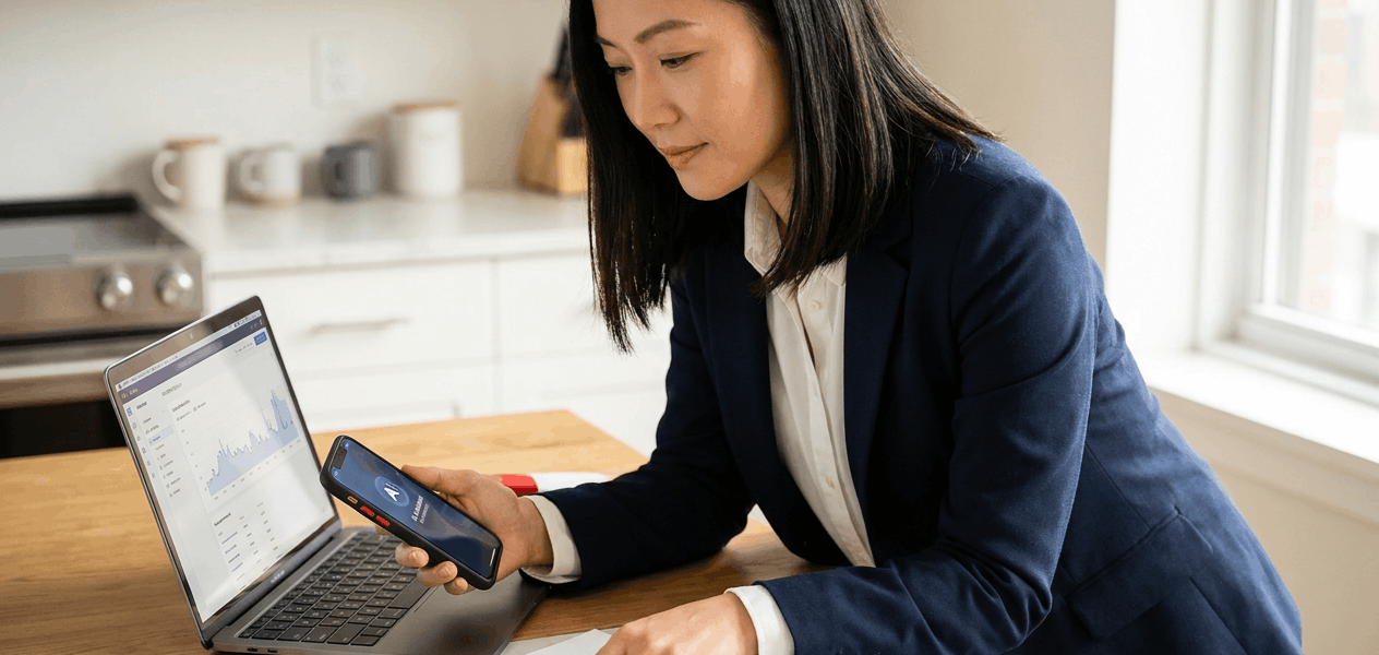 Calm parent reviewing medical paperwork at a bright kitchen table while using a phone and consulting a laptop app, with clean white countertops and minimal decor creating a reassuring, action-oriented scene.