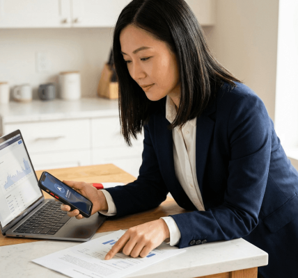 Calm parent reviewing medical paperwork at a bright kitchen table while using a phone and consulting a laptop app, with clean white countertops and minimal decor creating a reassuring, action-oriented scene.