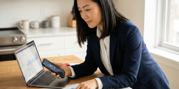 Calm parent reviewing medical paperwork at a bright kitchen table while using a phone and consulting a laptop app, with clean white countertops and minimal decor creating a reassuring, action-oriented scene.