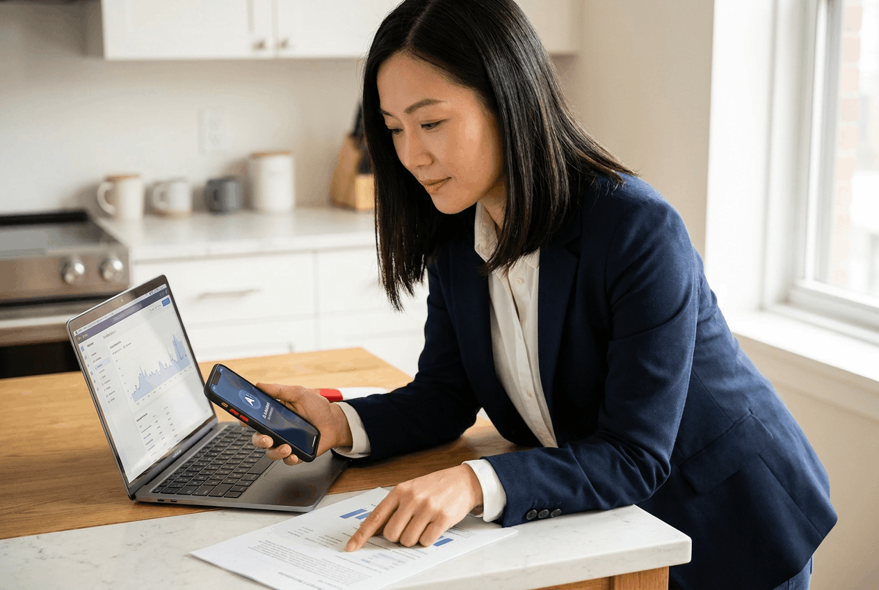 Calm parent reviewing medical paperwork at a bright kitchen table while using a phone and consulting a laptop app, with clean white countertops and minimal decor creating a reassuring, action-oriented scene.