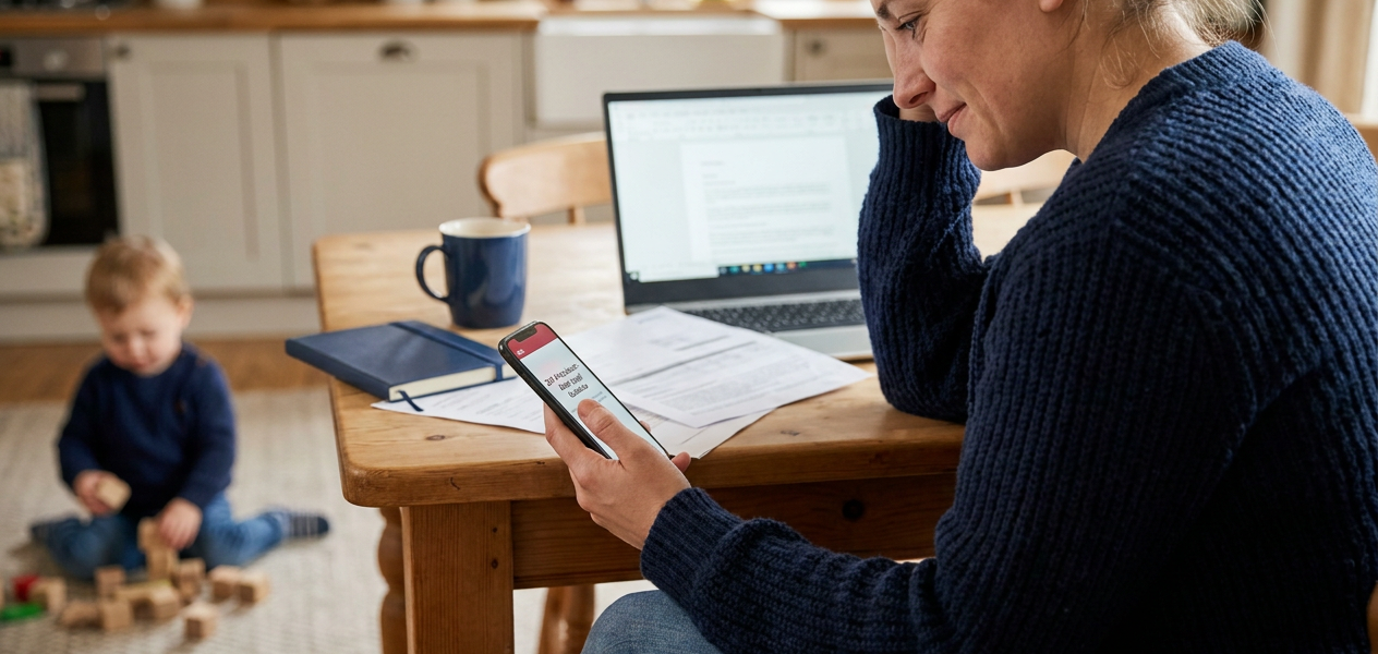 Mother at a kitchen table smiles while checking her phone next to a laptop and paperwork, coffee mug nearby, as her young child plays with wooden blocks on the floor in the background.