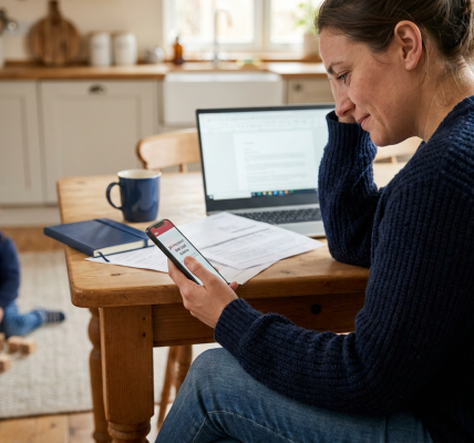 Mother at a kitchen table smiles while checking her phone next to a laptop and paperwork, coffee mug nearby, as her young child plays with wooden blocks on the floor in the background.