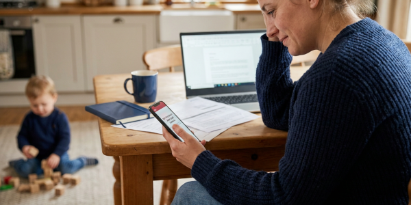 Mother at a kitchen table smiles while checking her phone next to a laptop and paperwork, coffee mug nearby, as her young child plays with wooden blocks on the floor in the background.