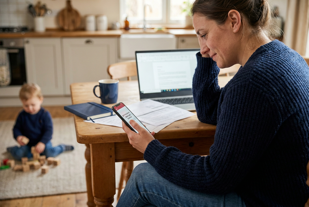 Mother at a kitchen table smiles while checking her phone next to a laptop and paperwork, coffee mug nearby, as her young child plays with wooden blocks on the floor in the background.