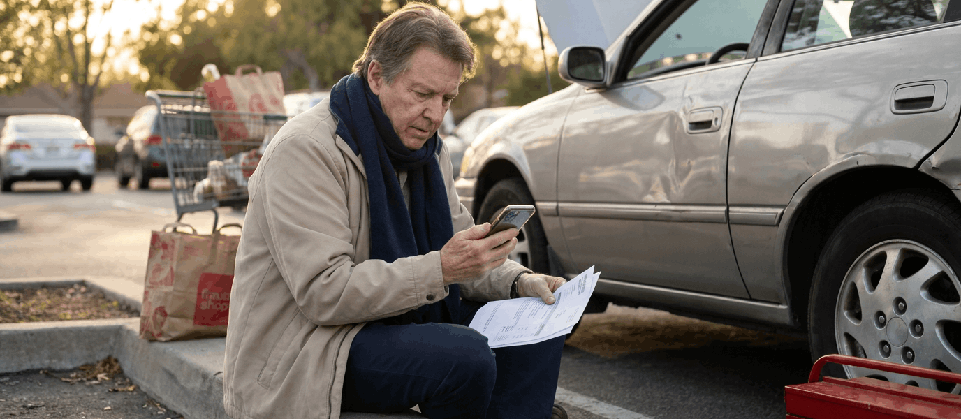 Parent sitting on a curb beside a damaged car in a parking lot, reviewing repair paperwork and insurance messages on a phone in warm natural light; composition is clean and reassuring, emphasizing action and problem-solving.