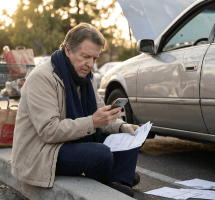 Parent sitting on a curb beside a damaged car in a parking lot, reviewing repair paperwork and insurance messages on a phone in warm natural light; composition is clean and reassuring, emphasizing action and problem-solving.