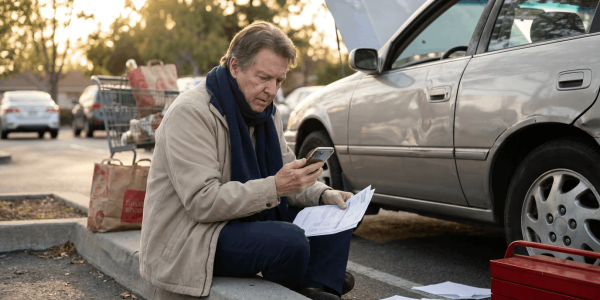Parent sitting on a curb beside a damaged car in a parking lot, reviewing repair paperwork and insurance messages on a phone in warm natural light; composition is clean and reassuring, emphasizing action and problem-solving.