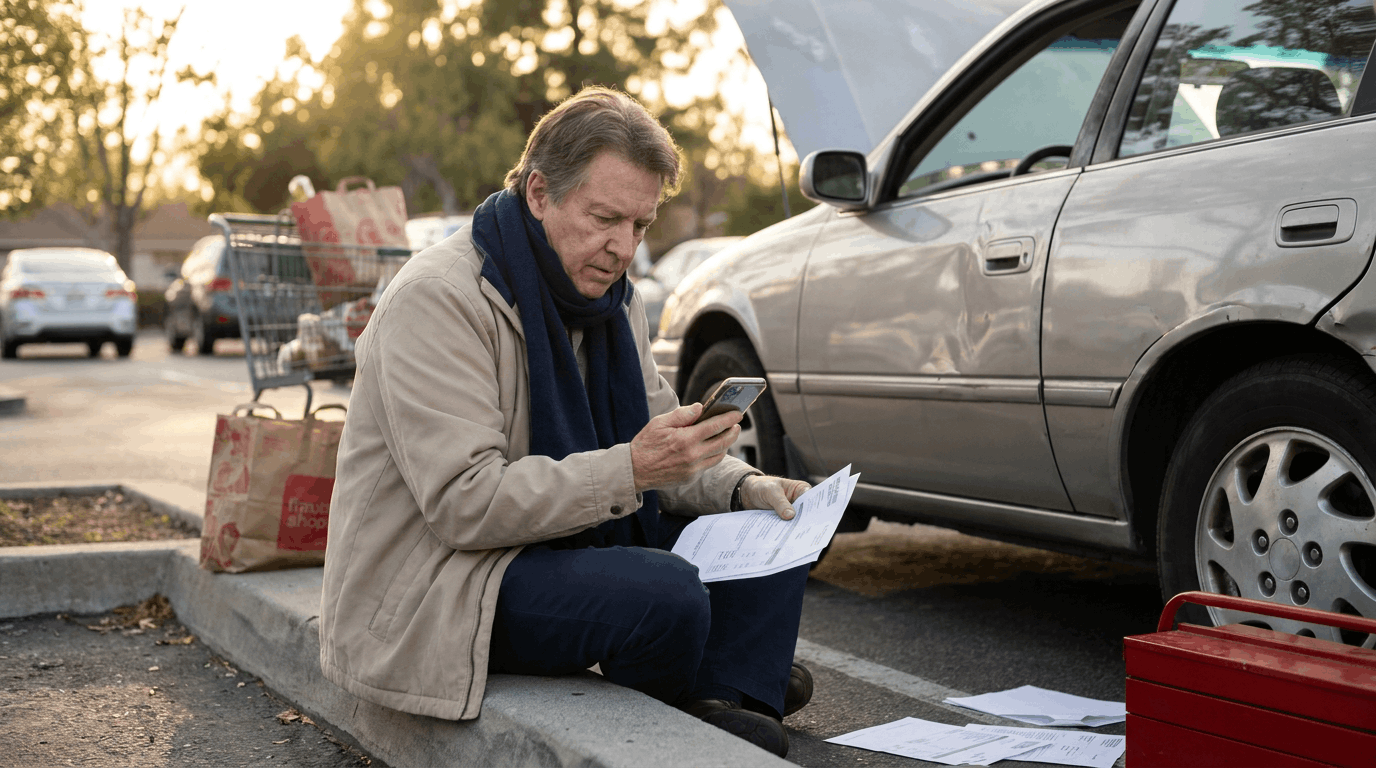 Parent sitting on a curb beside a damaged car in a parking lot, reviewing repair paperwork and insurance messages on a phone in warm natural light; composition is clean and reassuring, emphasizing action and problem-solving.