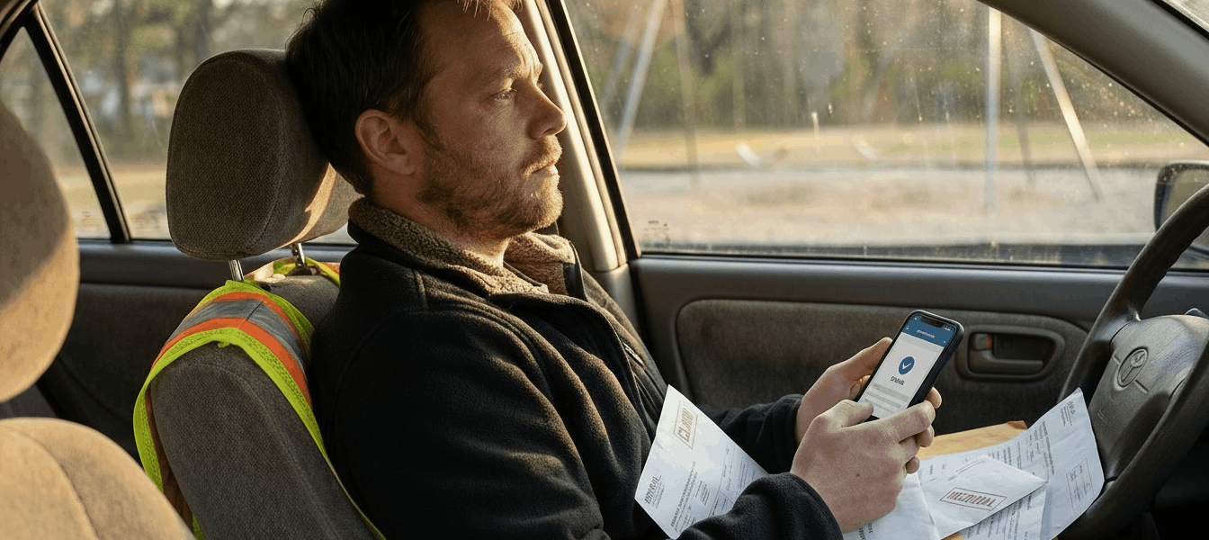A tired parent sits in a parked car at late afternoon light, scrolling a phone with paperwork on their lap and showing quiet financial worry while organizing medical and accident documents.