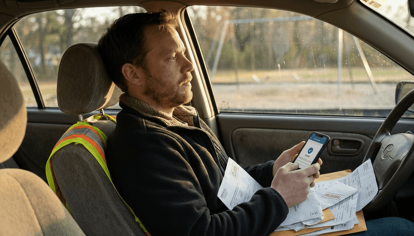 A tired parent sits in a parked car at late afternoon light, scrolling a phone with paperwork on their lap and showing quiet financial worry while organizing medical and accident documents.