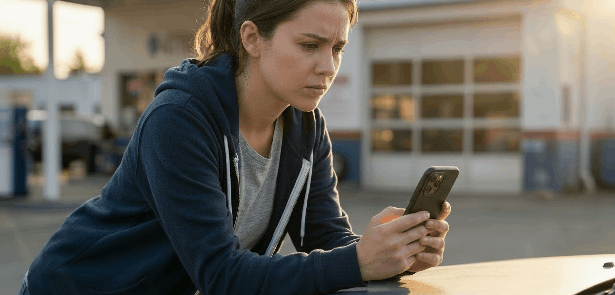 Worried parent leaning on a damaged car hood, reviewing insurance paperwork on a phone that displays an AI claims assistant; late-afternoon backlight and a repair shop softly blurred in the background convey urgency, financial stress, and the need for clear next steps.