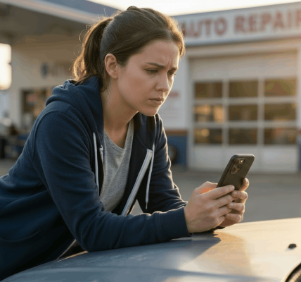 Worried parent leaning on a damaged car hood, reviewing insurance paperwork on a phone that displays an AI claims assistant; late-afternoon backlight and a repair shop softly blurred in the background convey urgency, financial stress, and the need for clear next steps.