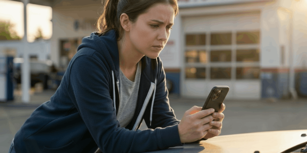 Worried parent leaning on a damaged car hood, reviewing insurance paperwork on a phone that displays an AI claims assistant; late-afternoon backlight and a repair shop softly blurred in the background convey urgency, financial stress, and the need for clear next steps.
