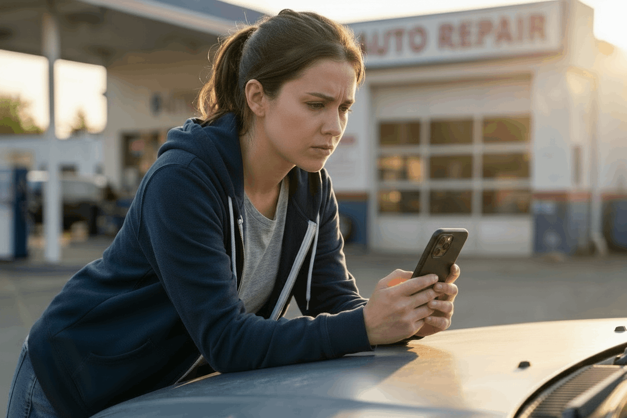 Worried parent leaning on a damaged car hood, reviewing insurance paperwork on a phone that displays an AI claims assistant; late-afternoon backlight and a repair shop softly blurred in the background convey urgency, financial stress, and the need for clear next steps.