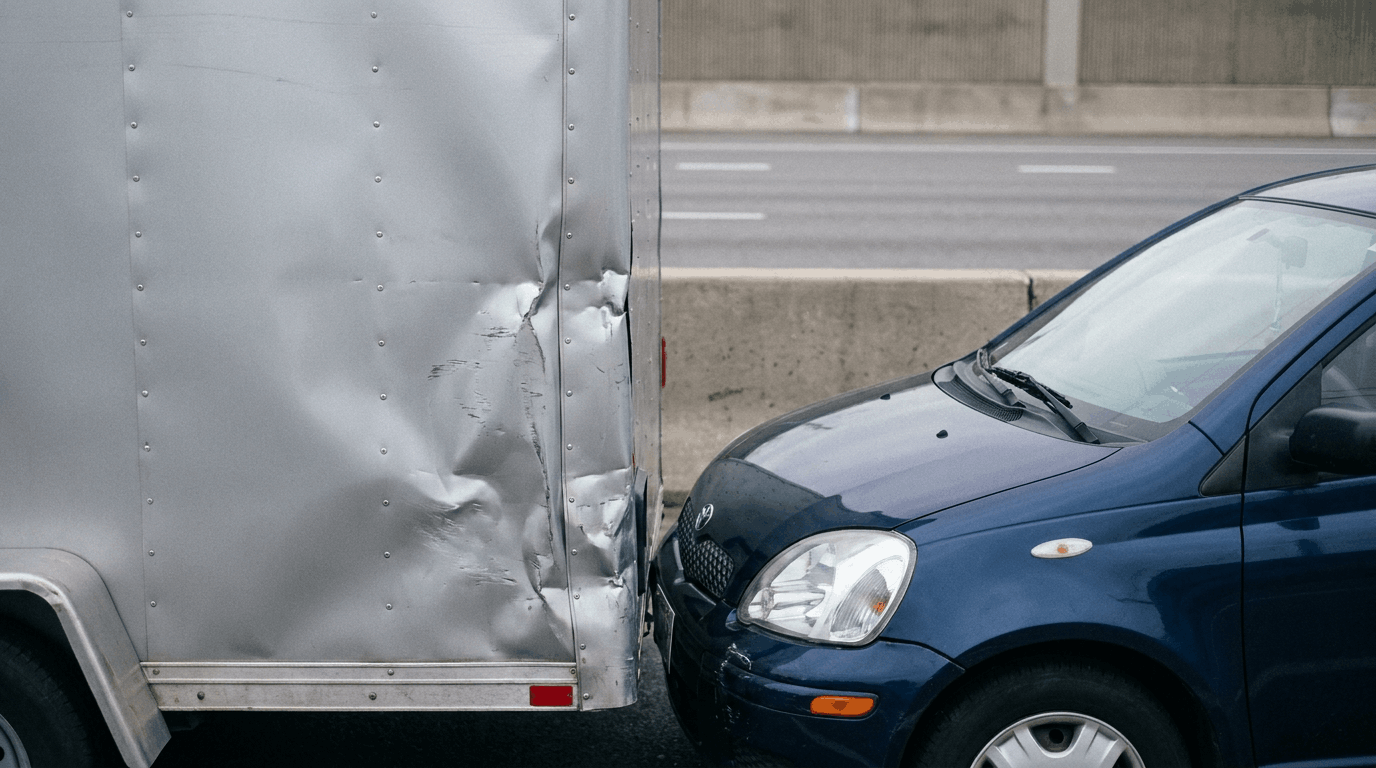 A blue car has collided with the rear of a truck, leaving visible impact damage on both vehicles.