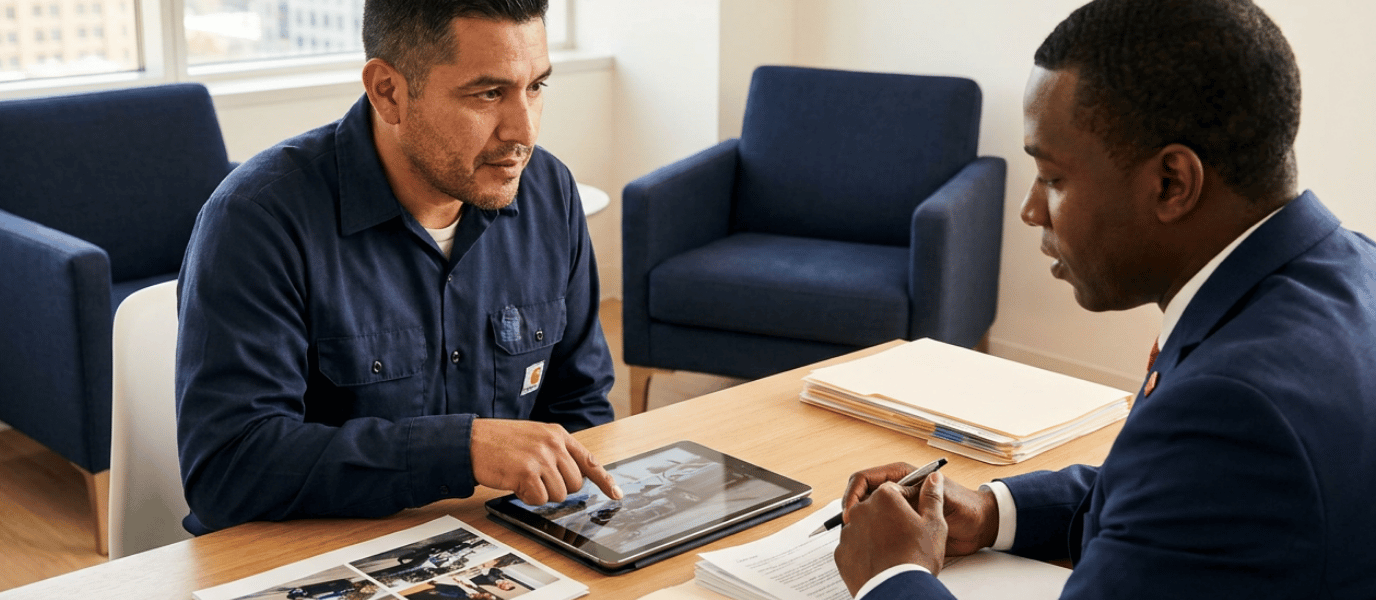 A truck driver reviews accident photos and documents with an attorney during a legal consultation.