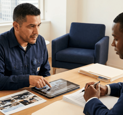 A truck driver reviews accident photos and documents with an attorney during a legal consultation.