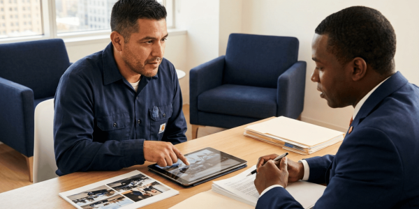 A truck driver reviews accident photos and documents with an attorney during a legal consultation.