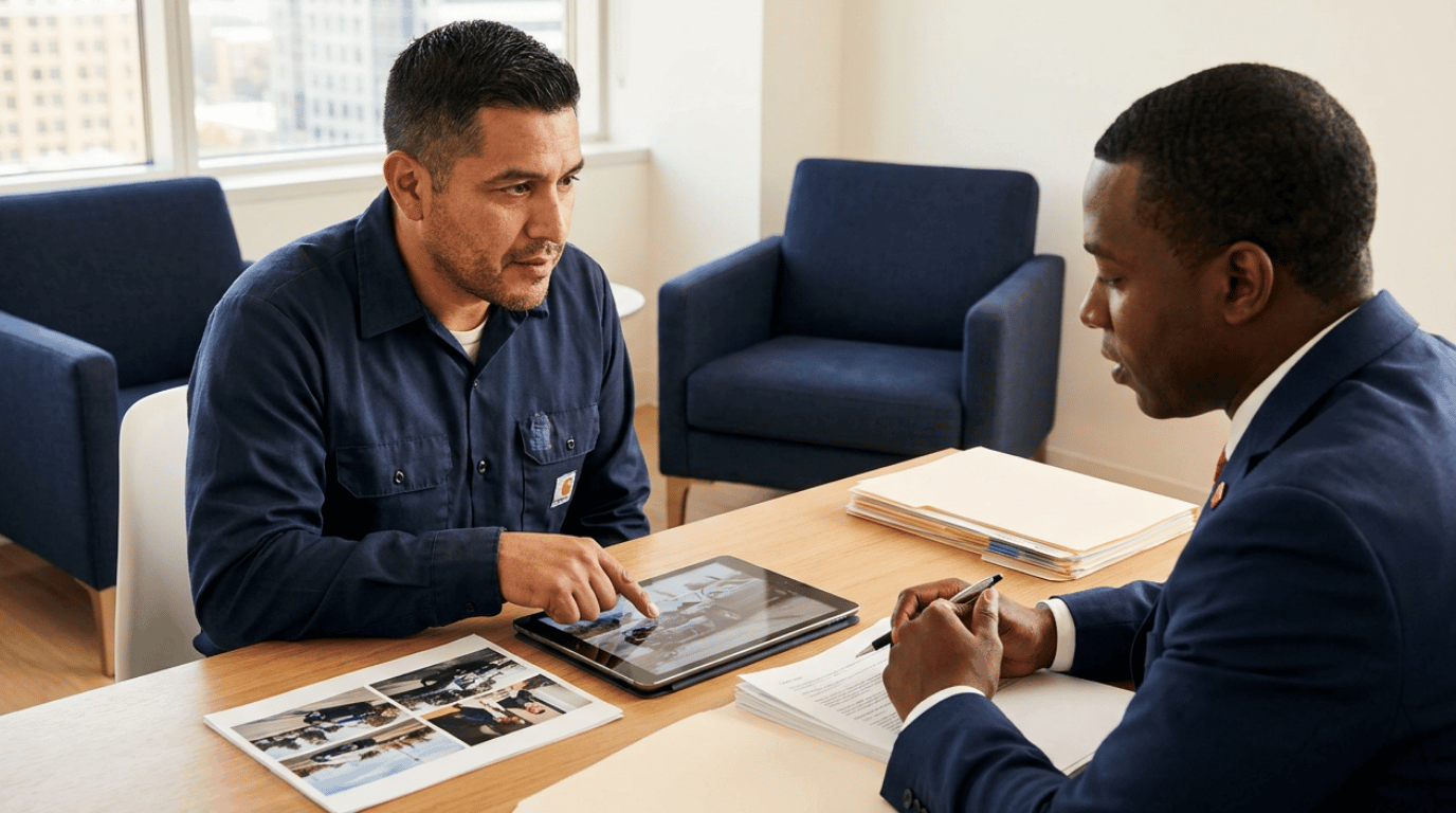 A truck driver reviews accident photos and documents with an attorney during a legal consultation.