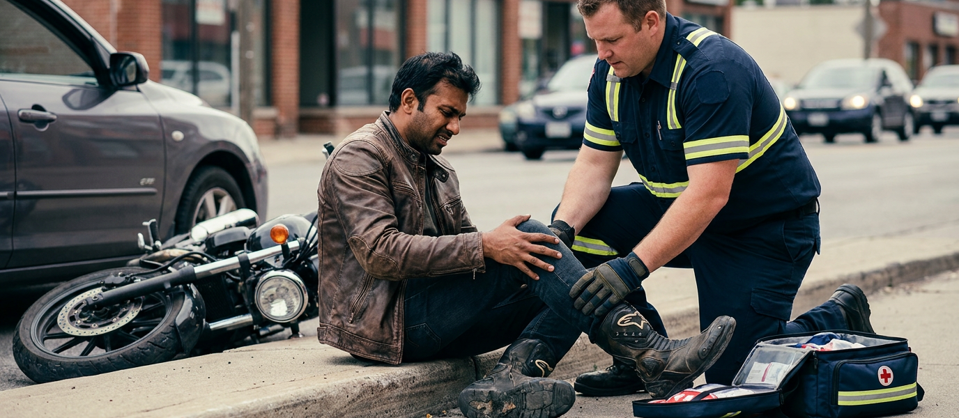 A first responder assists an injured motorcyclist beside a fallen motorcycle after a road accident.