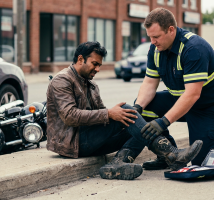 A first responder assists an injured motorcyclist beside a fallen motorcycle after a road accident.