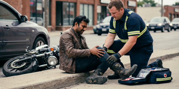 A first responder assists an injured motorcyclist beside a fallen motorcycle after a road accident.