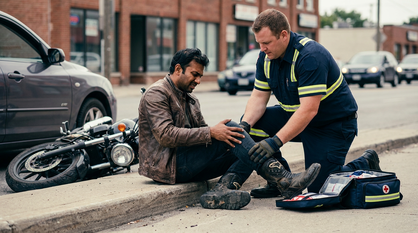 A first responder assists an injured motorcyclist beside a fallen motorcycle after a road accident.