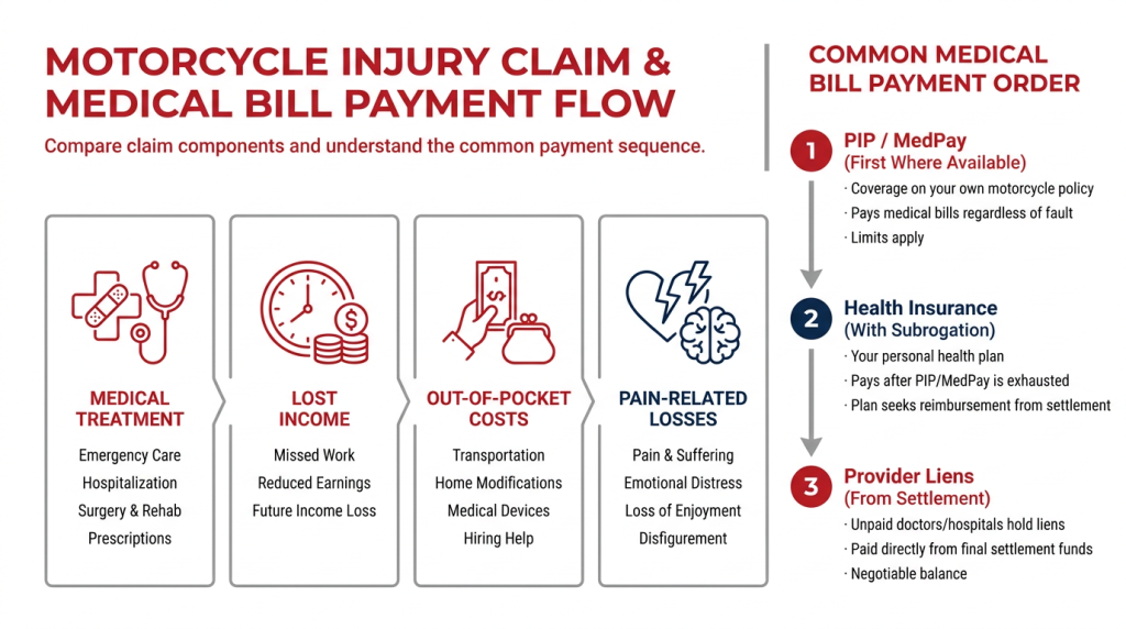 Horizontal infographic comparing motorcycle injury claim parts—medical treatment, lost income, out-of-pocket costs, and pain-related losses—with a clear three-step payment order: PIP/MedPay, health insurance with subrogation, then provider liens paid from settlement.