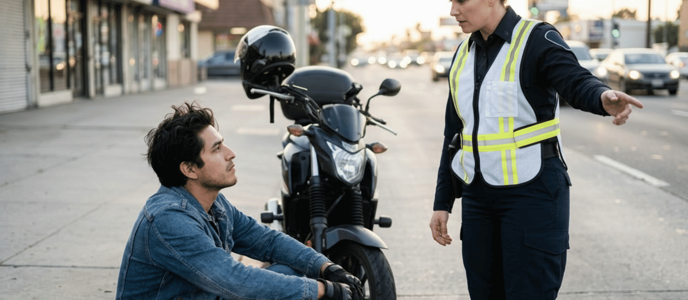 A roadside responder assists a motorcyclist beside his motorcycle on a busy city street.