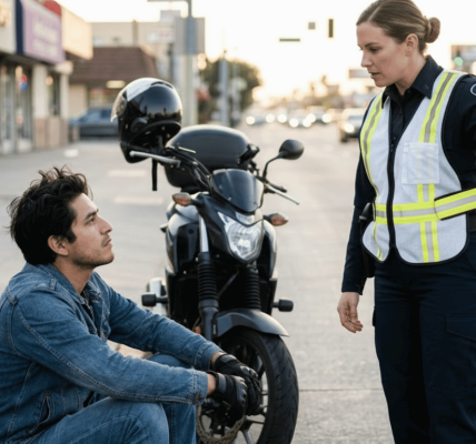A roadside responder assists a motorcyclist beside his motorcycle on a busy city street.
