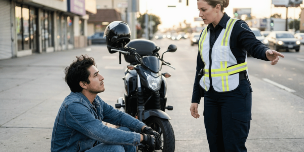 A roadside responder assists a motorcyclist beside his motorcycle on a busy city street.