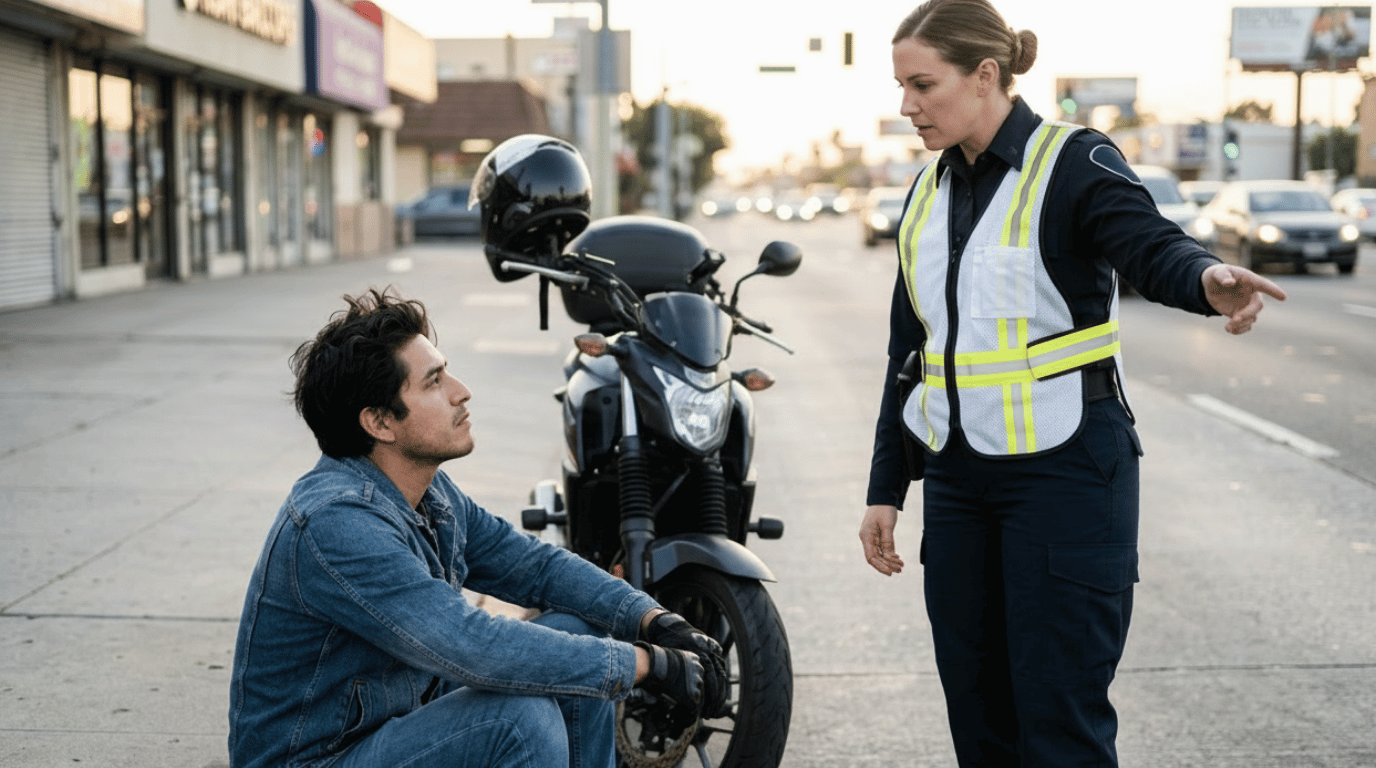 A roadside responder assists a motorcyclist beside his motorcycle on a busy city street.