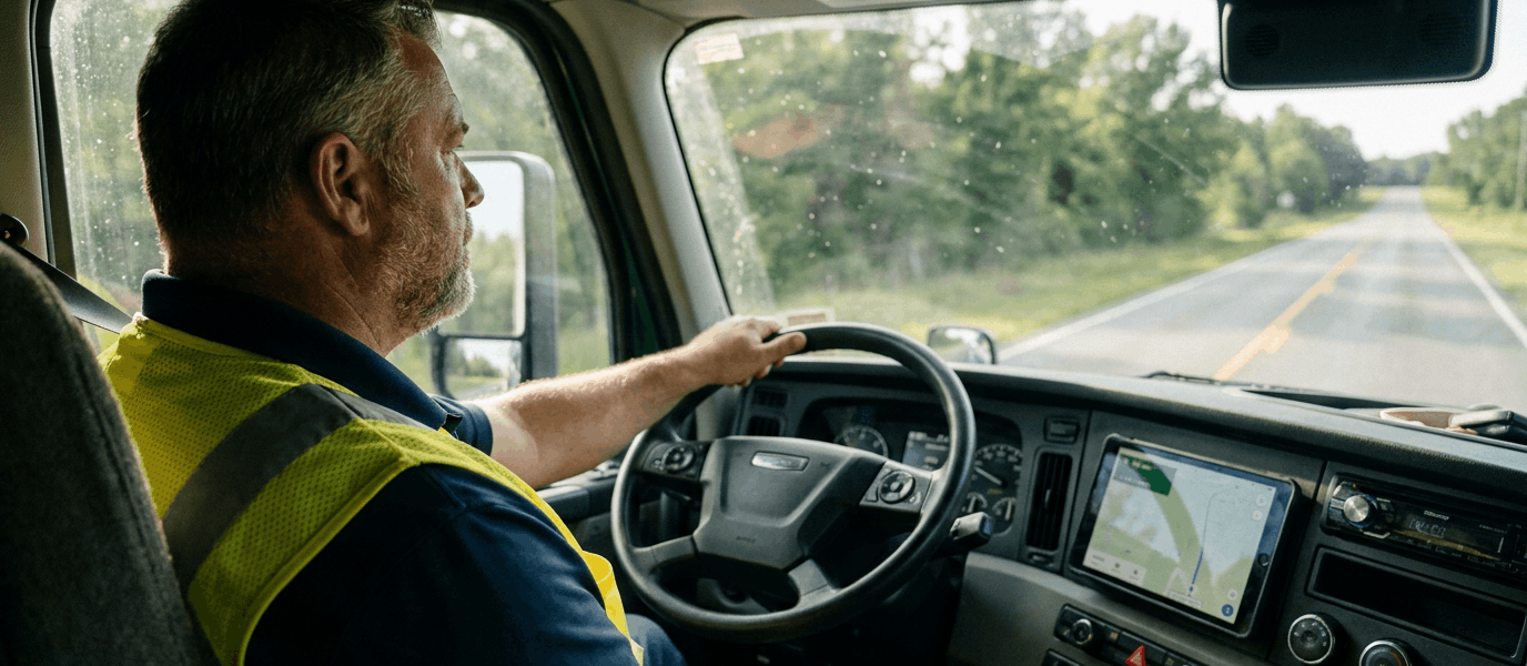 A truck driver wearing a safety vest drives along a rural road with a navigation screen on the dashboard.