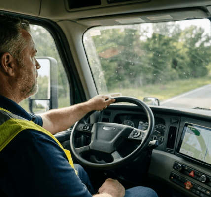 A truck driver wearing a safety vest drives along a rural road with a navigation screen on the dashboard.