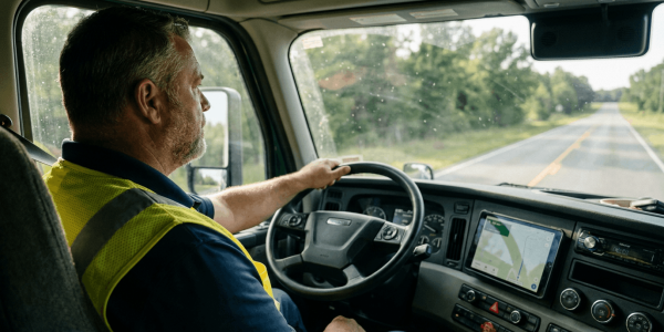 A truck driver wearing a safety vest drives along a rural road with a navigation screen on the dashboard.