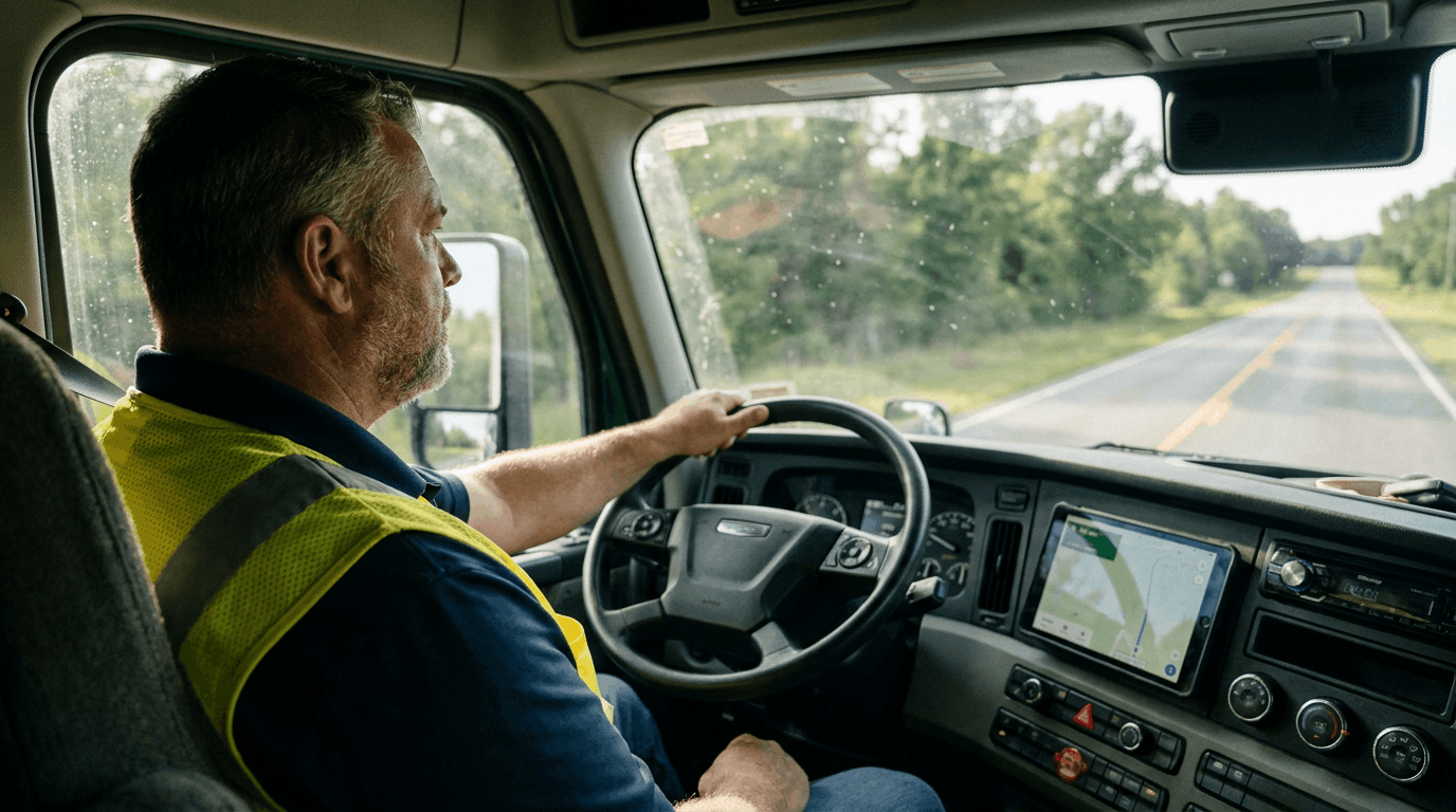 A truck driver wearing a safety vest drives along a rural road with a navigation screen on the dashboard.